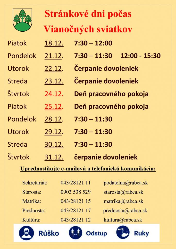 Stránkové dni obecného úradu v Rabči od piatku 18.12. a počas  Vianoc